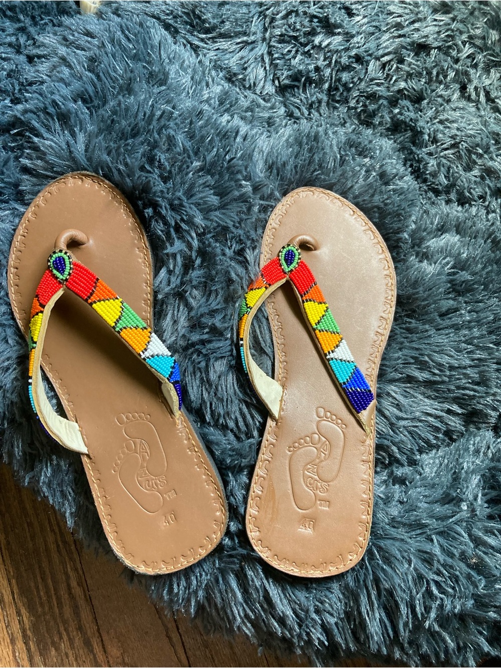 Brown Leather Sandals with Multicolor Beaded Straps